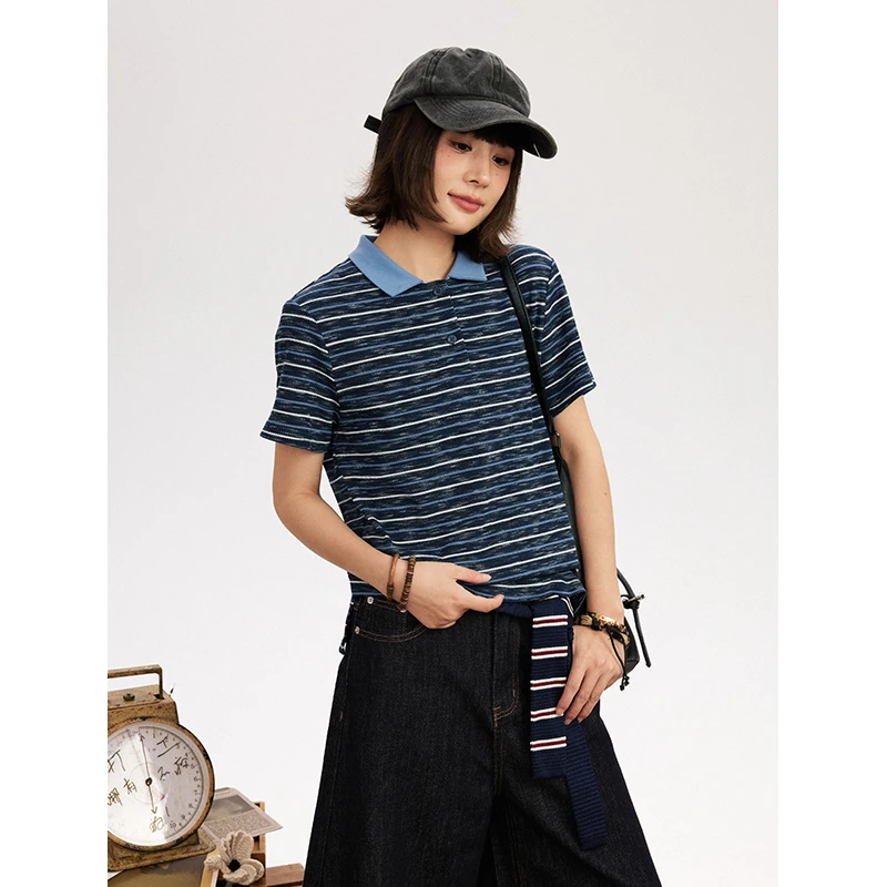 hothorse/火山马ST11025短袖POLO领条纹休闲风宽松型T恤经典复古
