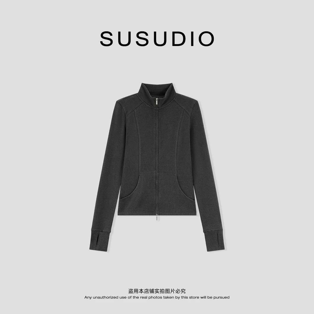 SUSUDIO 羊毛秋季立裁塑形立领纯色柔软亲肤拉链外套 70281