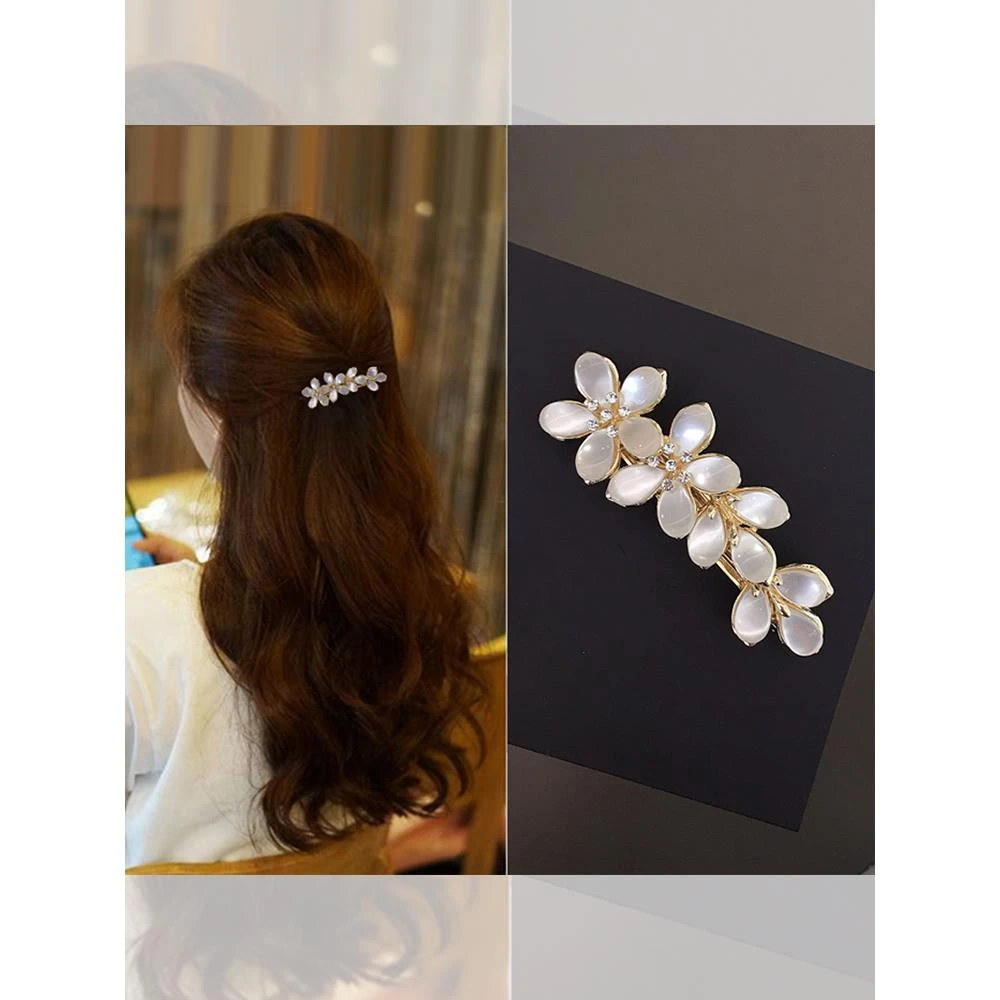 韩式优雅花朵横夹一字夹气质仿猫眼弹簧夹顶夹发夹刘海夹半扎发卡