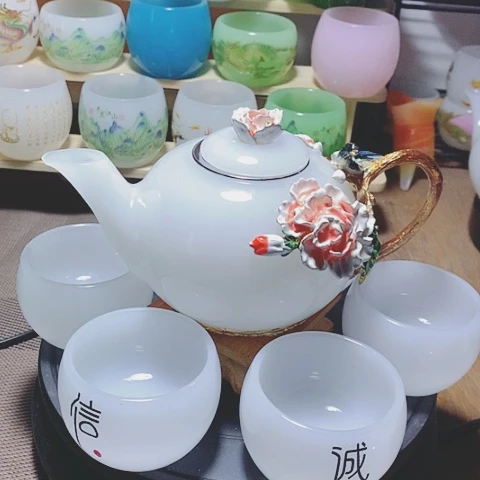 琉璃中式珐琅彩花开富贵一壶六杯礼盒套装