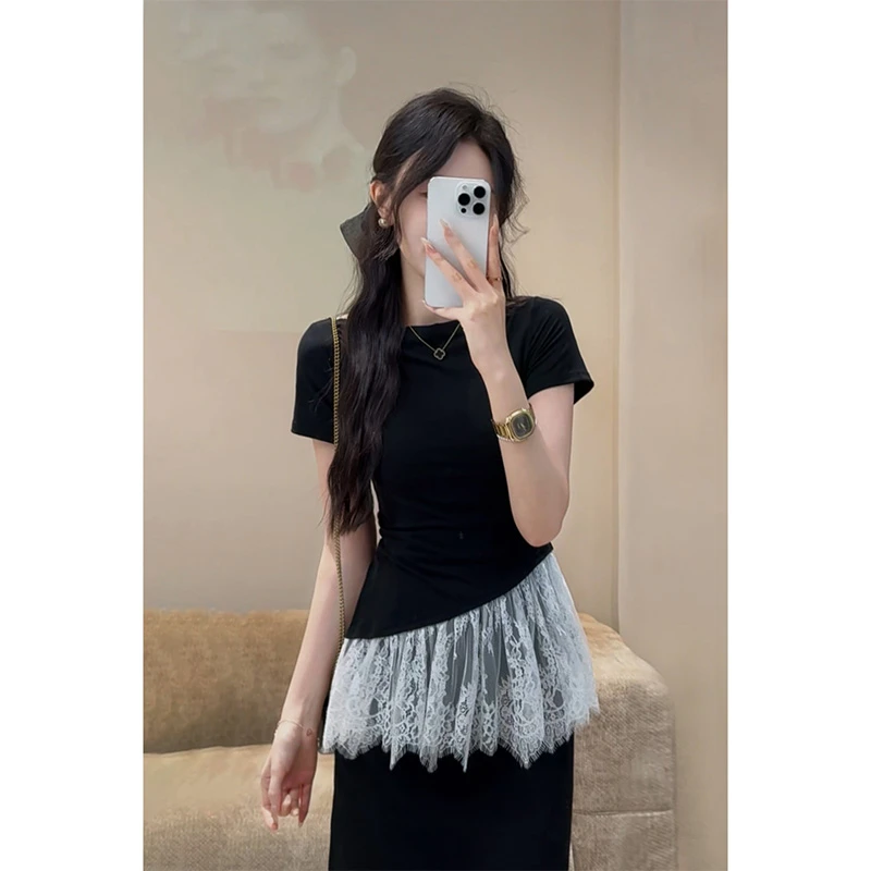 YUANLIANSU/圆脸酥【初墨沂然】法式黑色高级感蕾丝拼接短袖T恤女