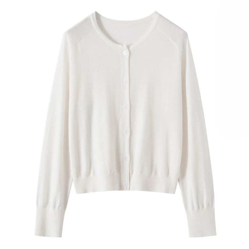 DY659 精纺羊毛贝壳扣开衫长袖圆领薄款毛针织衫短款一线无缝上衣