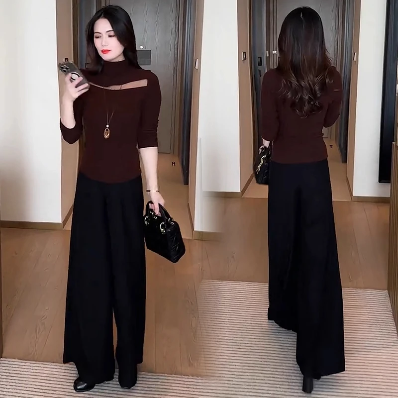 时尚套装女2025秋冬新款洋气时髦显瘦长袖打底衫阔腿裤气质两件套