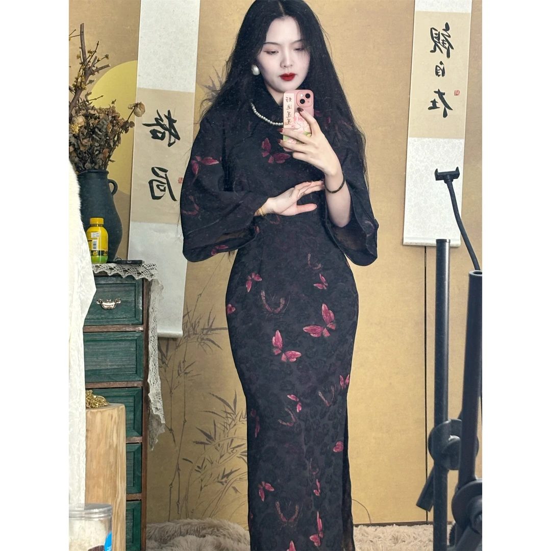 画报夫人原创自制新中式国风春夏提花倒大袖旗袍连衣裙 粉之蝶