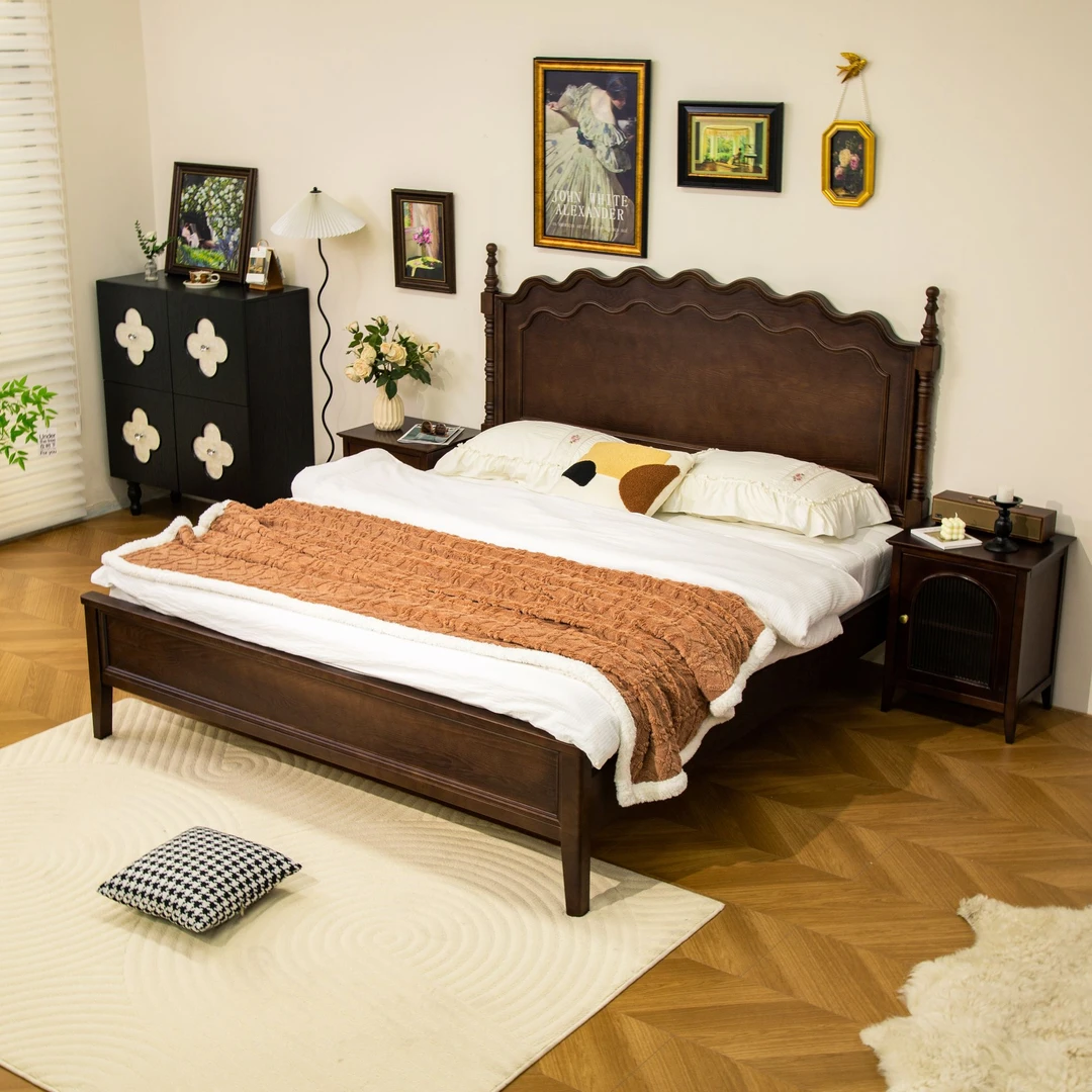 中古风法式1.5米实木床1.8米双人床白蜡木复古风主卧床轻奢莱亚床