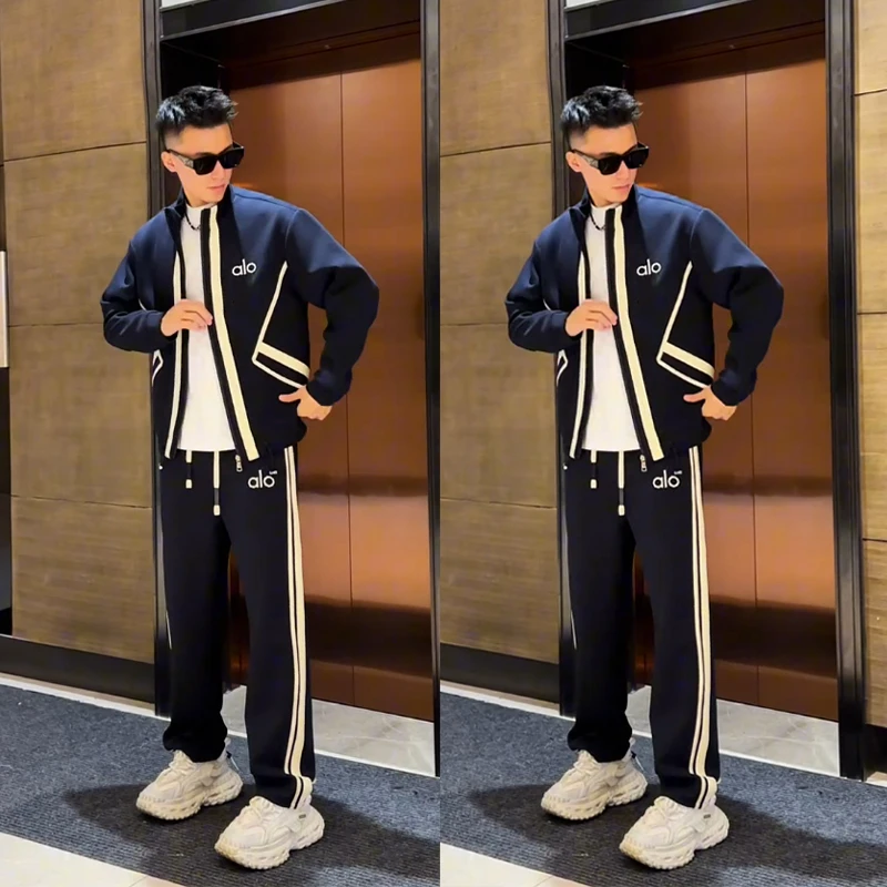 秋季新款轻奢字母撞色条纹设计感空气层立领夹克休闲裤时尚套装男