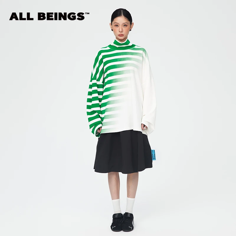ALL BEINGS25春夏设计师新款渐变条纹高领大廓形长袖时尚休闲T恤