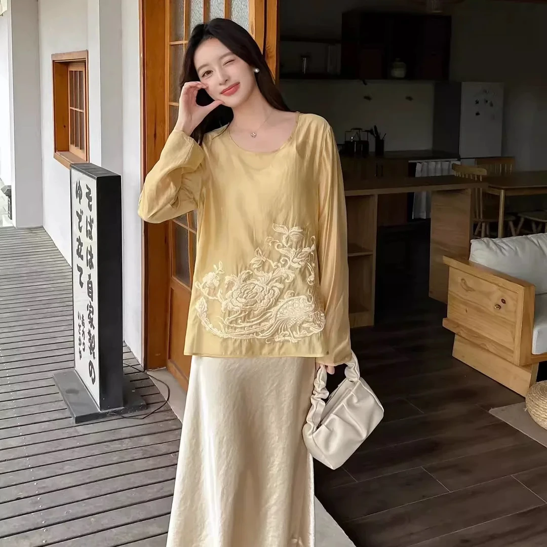 90天丝高品质重工刺绣真丝衬衫新中式国风微透上衣长袖圆领春夏