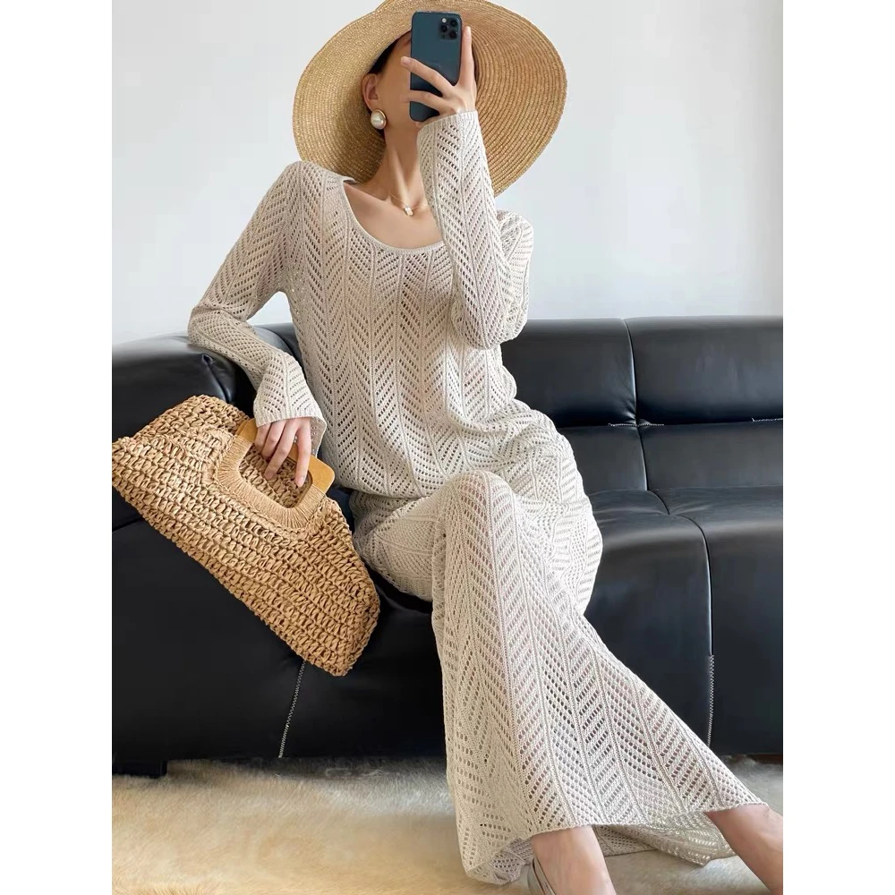 法式度假镂空针织半身裙子吊带背心长袖上衣套装2件套夏季洋气
