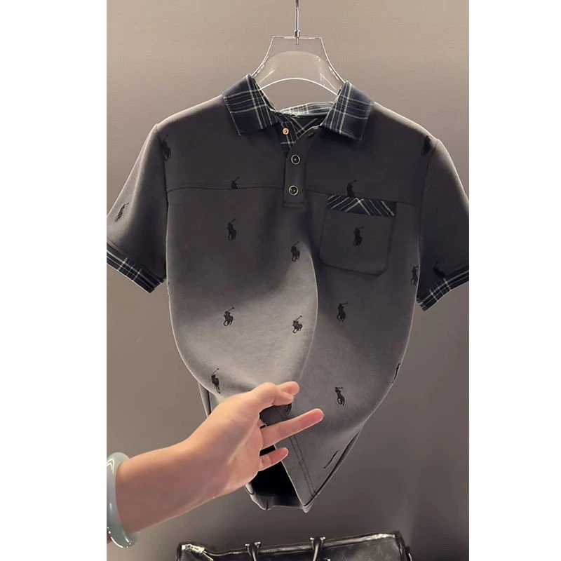 欧货轻奢高定大牌男装上衣2025夏季新款设计感格纹拼接Polo领体恤