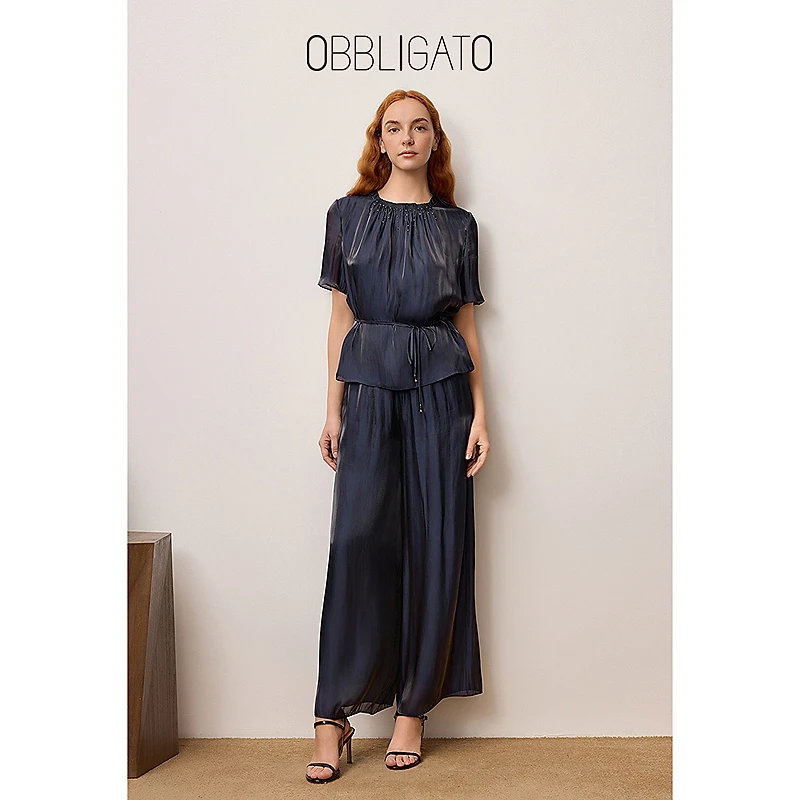 OBBLIGATO奥丽嘉朵2025夏季薄纱光泽感抽褶女裤1C35220250