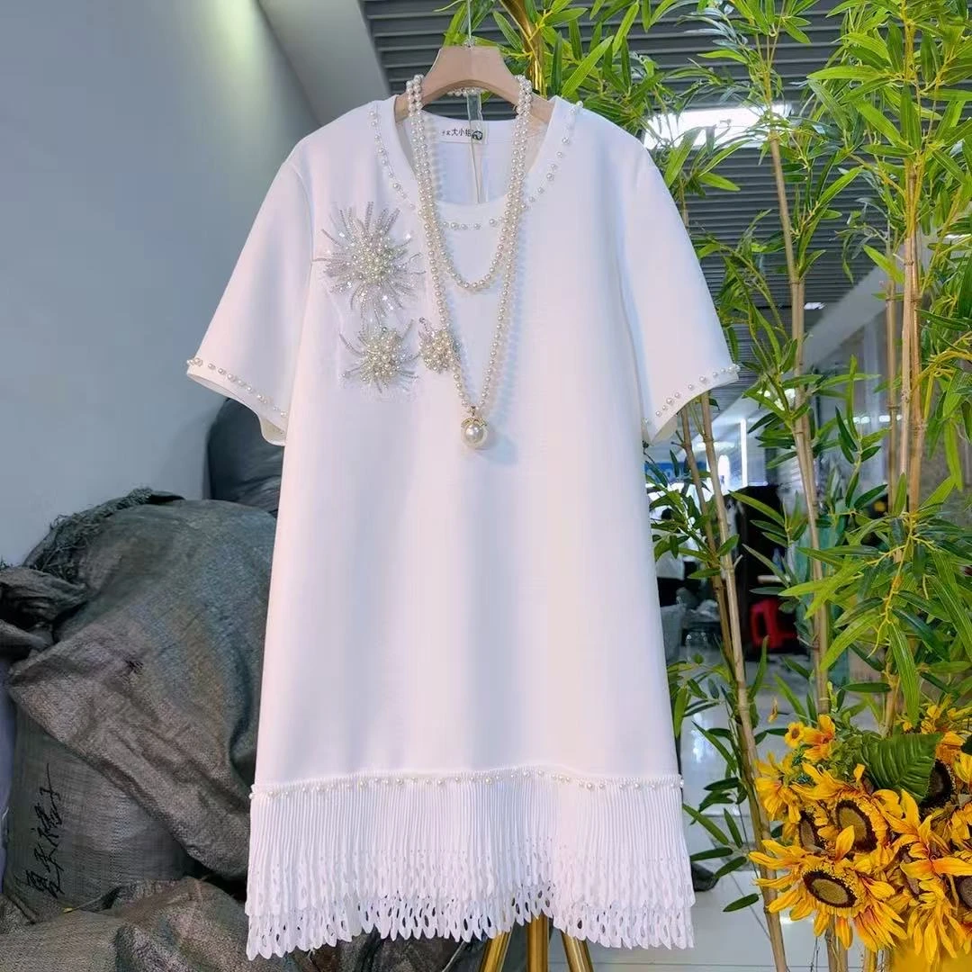 新款欧货钉珠大花拼接连衣裙微胖女装遮肉显瘦短袖25118