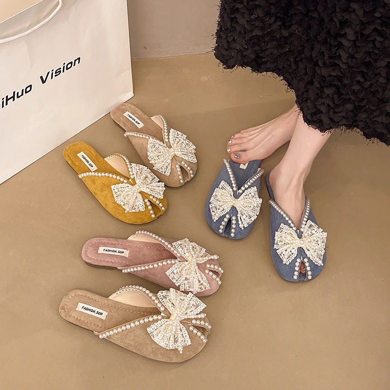 珍珠包头半拖鞋女夏季2025新款外穿平底法式仙女风配裙子勃肯凉拖