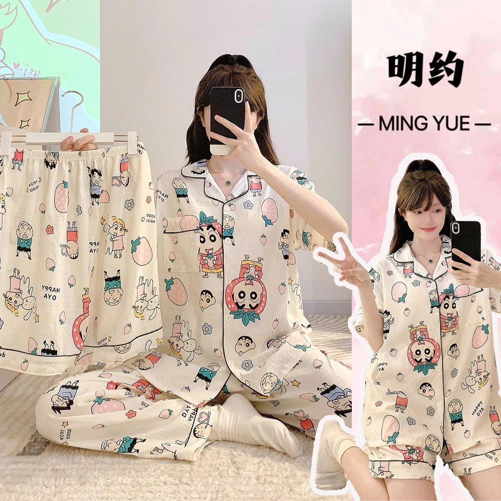 纾晳云/三件套2025新款睡衣女云朵棉夏季短袖宽松家居服大码套装