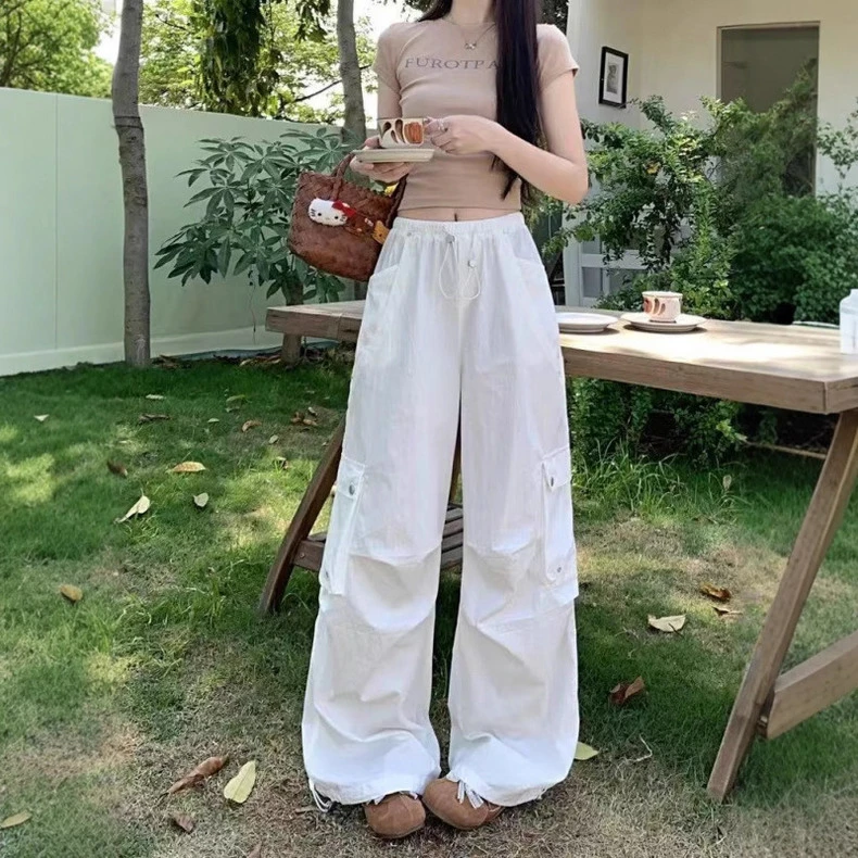 美式复古工装裤女设计感夏季新款高腰裤子女宽松休闲裤抽绳拖地裤