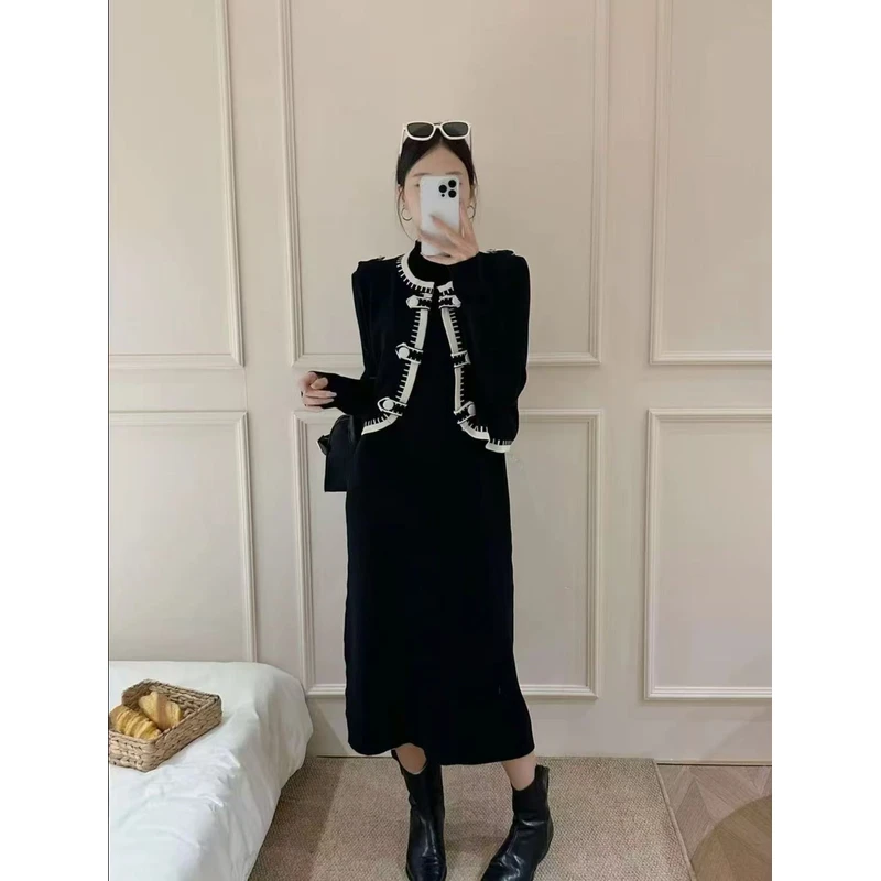 5515英伦风春秋款马甲外套打底裙套装秋冬季显瘦毛衣连衣裙两件套