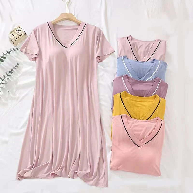 莫代尔自带胸垫家居睡裙女生夏季家居服睡衣免穿内衣宽松大码长裙