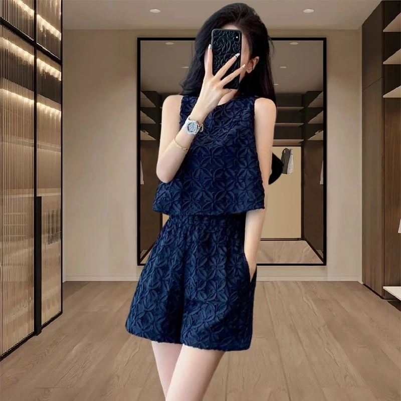 大码胖mm套装女2025夏季新款高级感无袖上衣高腰短裤气质两件套潮