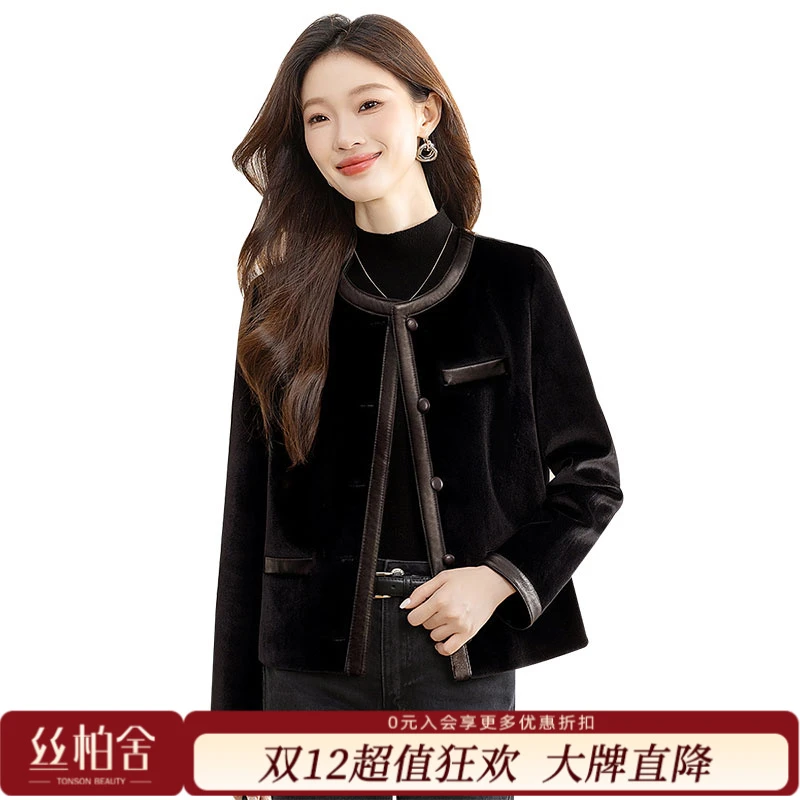 丝柏舍2025秋季新款女装拼接圆领单排扣宽松短款外套S43R3052A