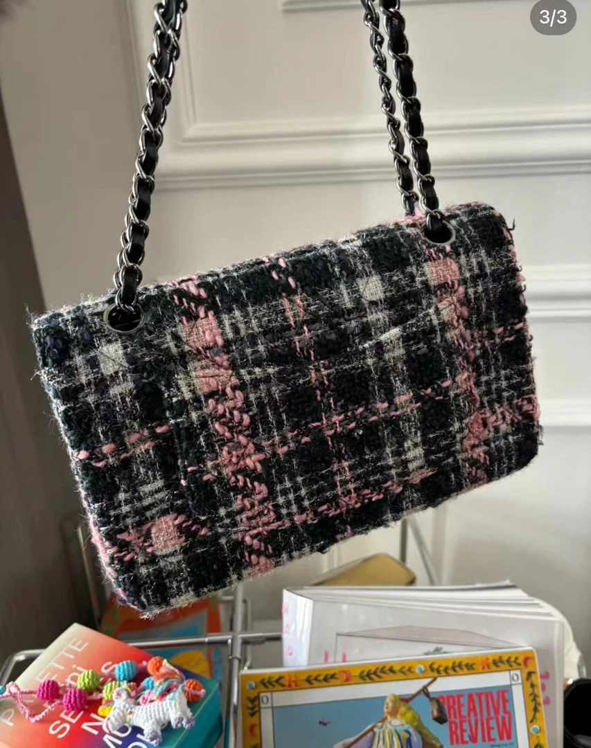 95新 Chanel/香奈儿 代卖服务！粉拼色毛呢cf中号 25cm 18518373