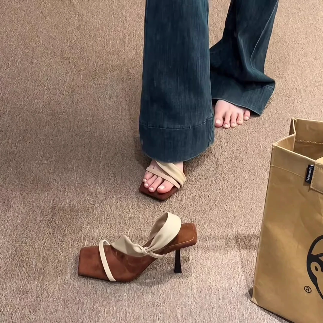 法式绝美小高跟鞋女2025夏季方头露趾凉鞋气质复古单鞋增高拖鞋