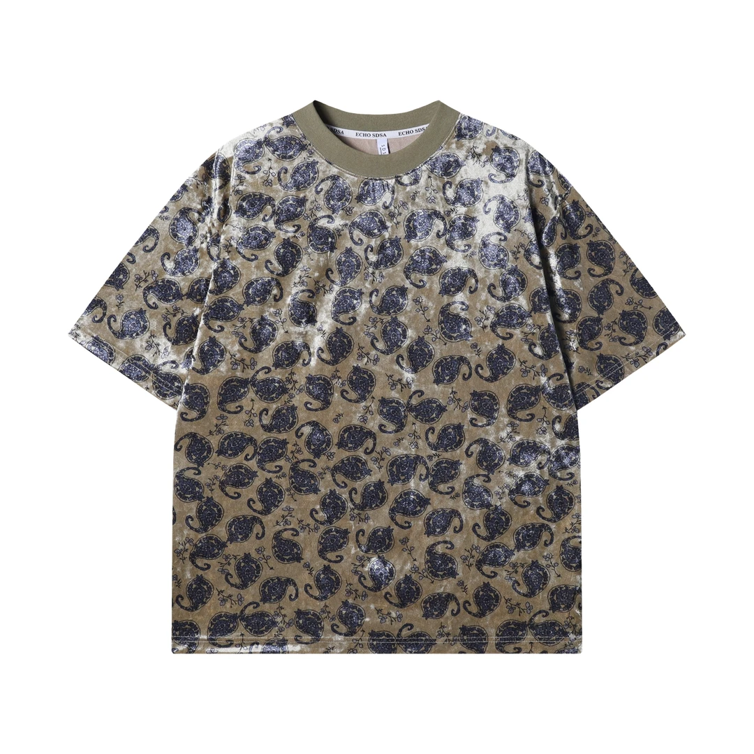 夏季高级感新款潮牌撞色满印圆领短袖T恤潮流复古宽松时尚上衣