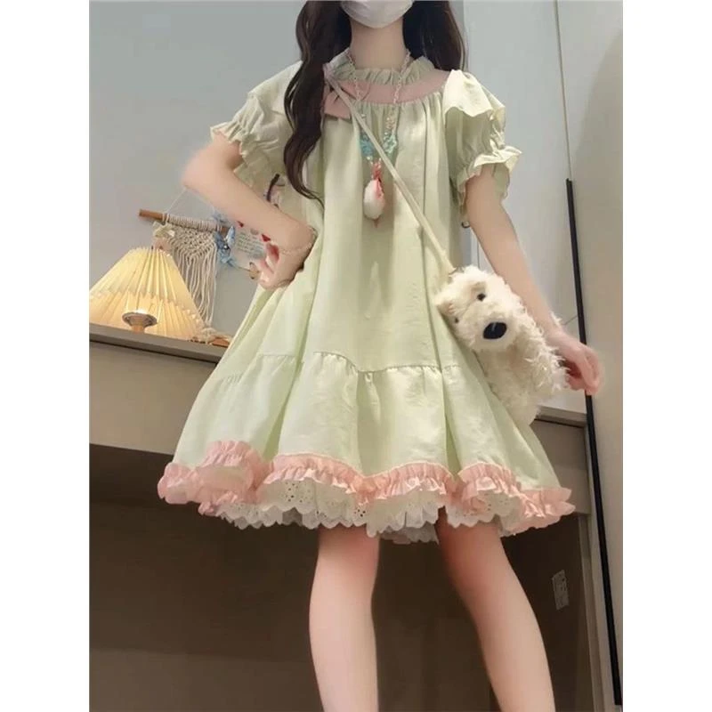 初中生女夏装学生少女小个子甜美可爱设计感色连衣裙短裙子学院风