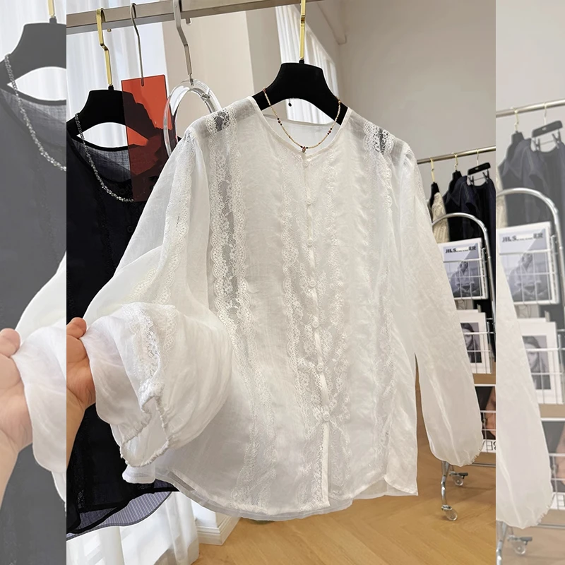 早春新款蕾丝刺绣洋气时尚减龄圆领衬衫大码显瘦休闲百搭上衣女潮