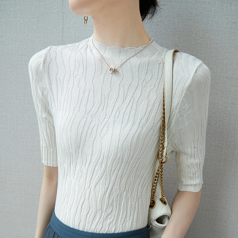 2025春夏新款树皮短袖百搭修身圆领女士