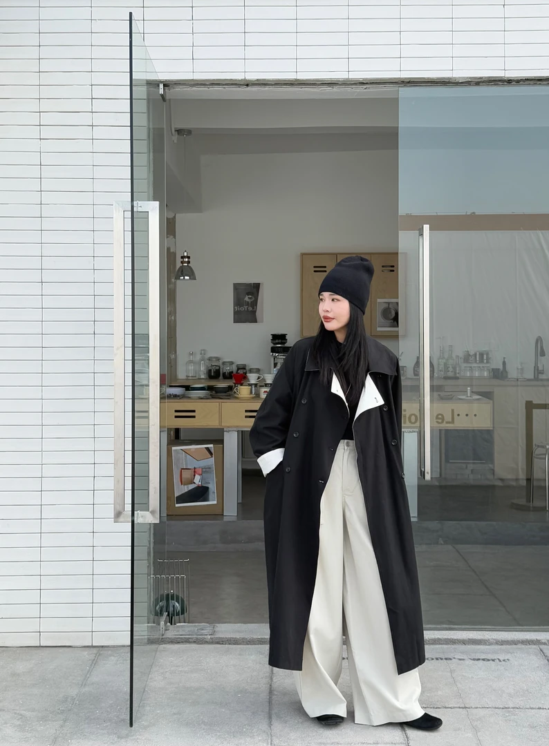 耶耶YEYE|英伦风休闲宽松撞色双排扣两面穿风衣外套大衣22509