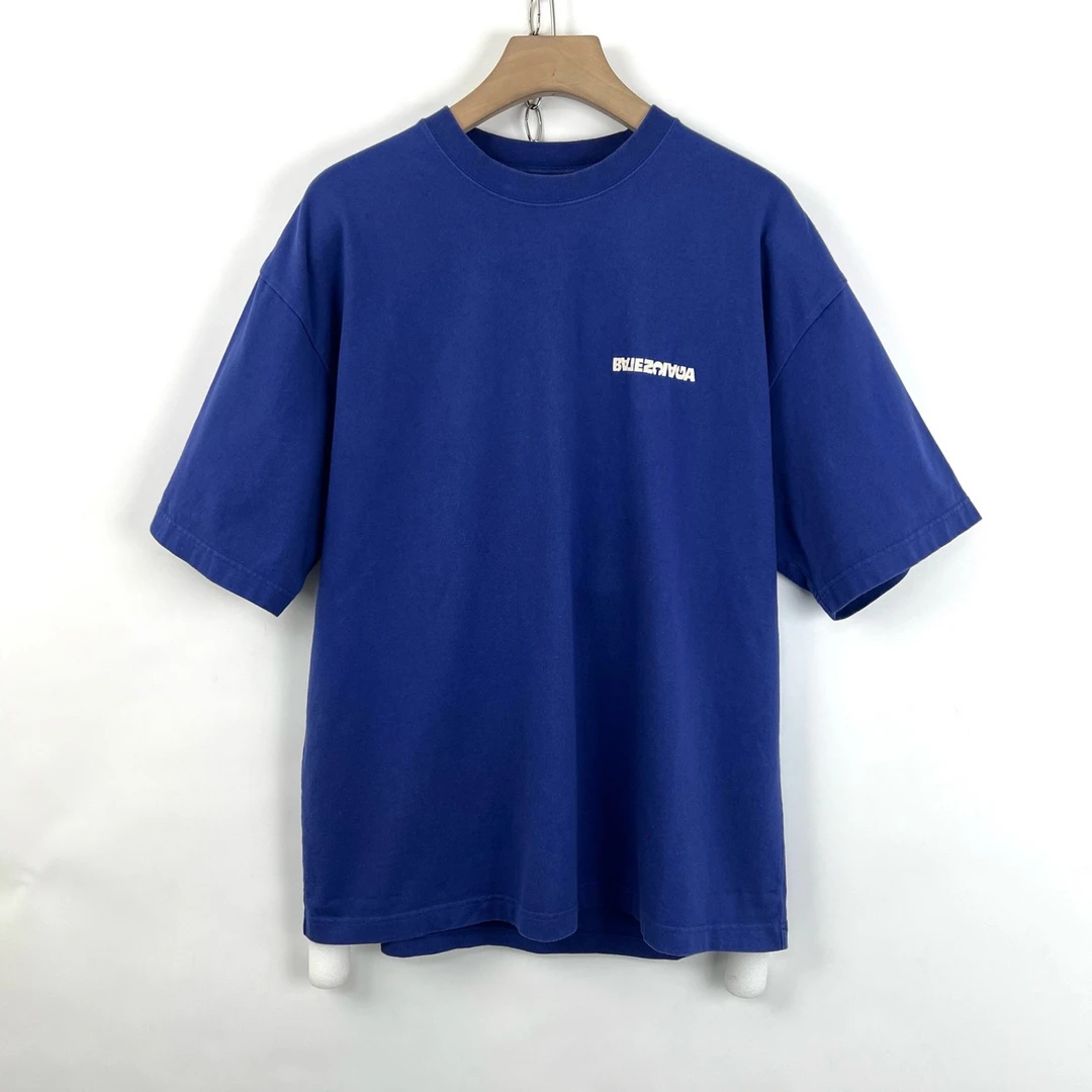 95新 Balenciaga/巴黎世家 L码/蓝色反转刺绣字母logo短袖/05979