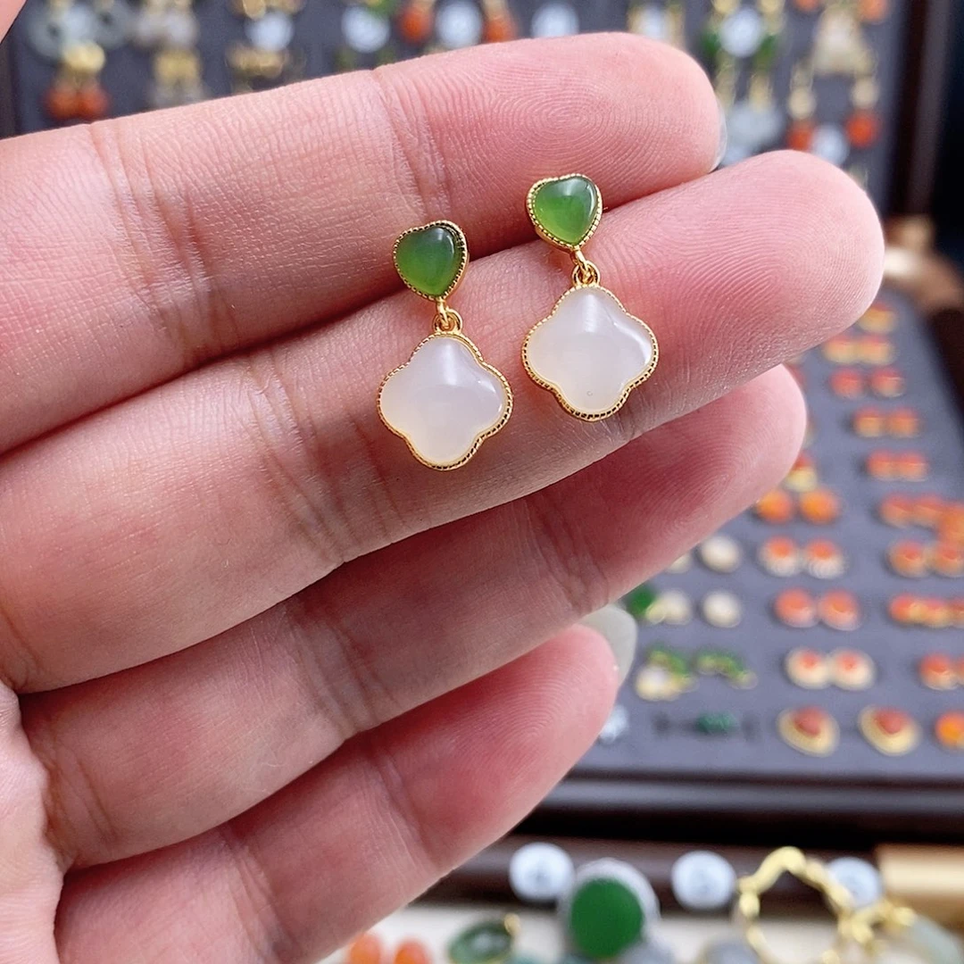 和田玉银S925镶嵌耳饰