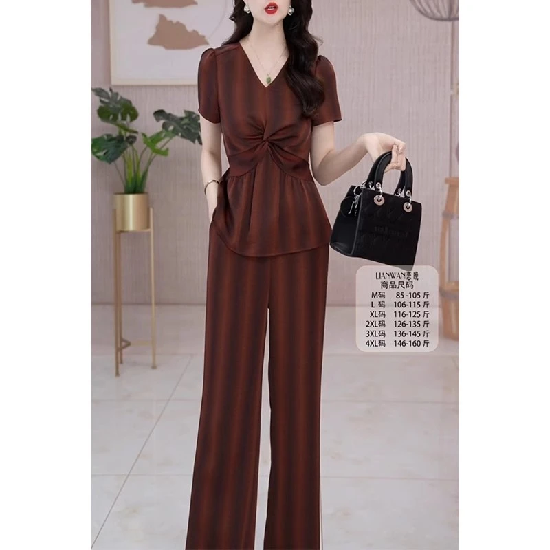 大码女装薄款气质遮肉显瘦时尚套装胖mm高端短袖高腰阔腿裤两件套