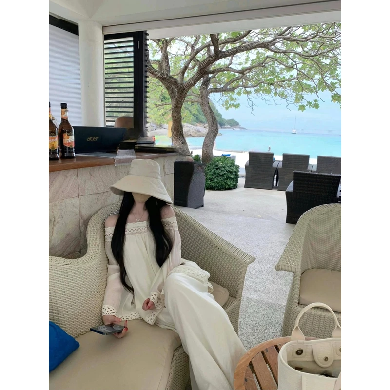 定染刺绣高品质镂空花边一字肩宽松上衣+长裤套装    80265