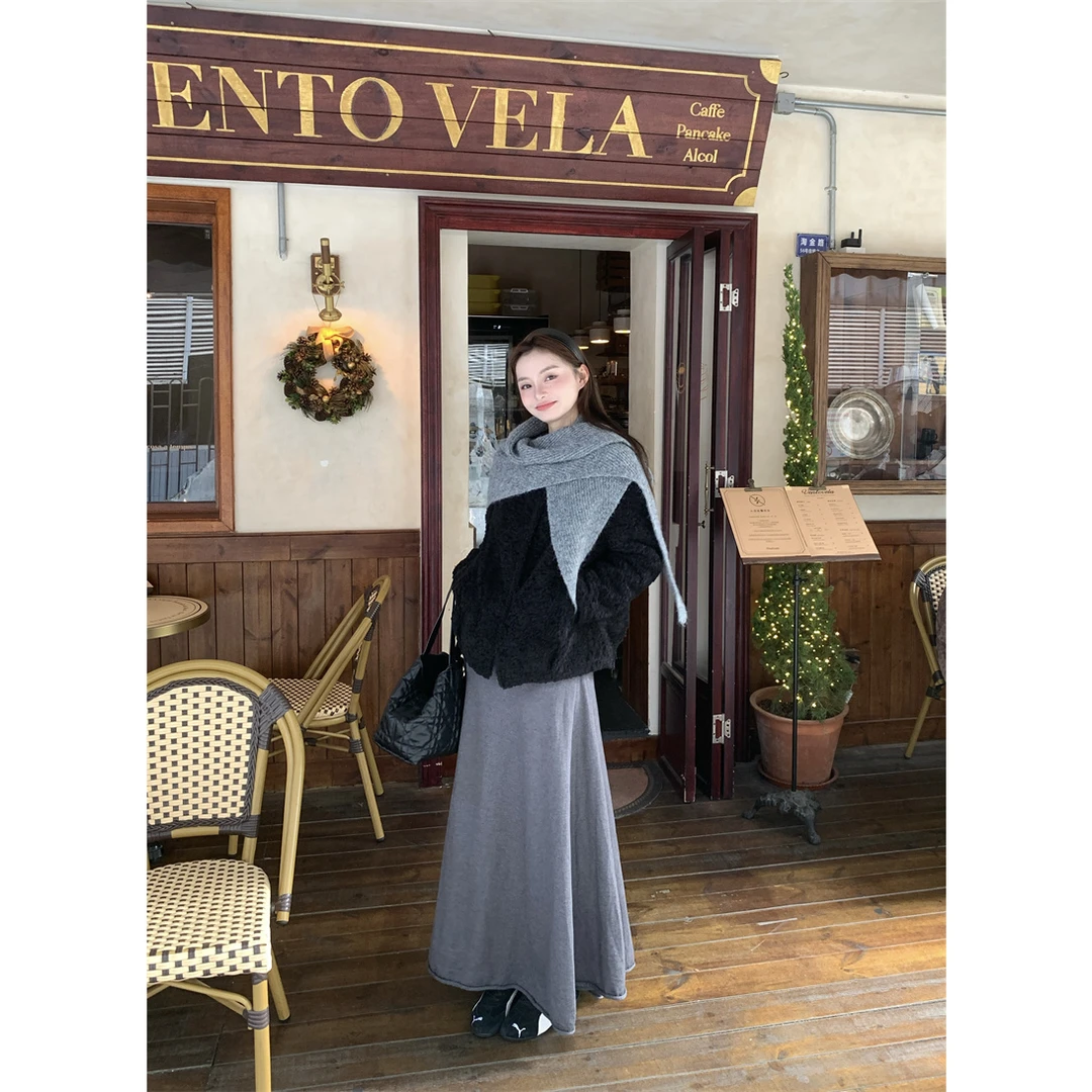 韩系慵懒松弛风灰色披肩黑色气质长袖外套女冬季显瘦半身裙三件套