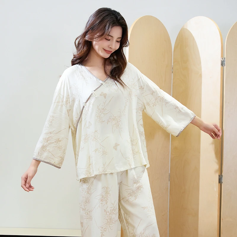 2418#棉绸睡衣女款夏季绵绸短薄款夏款国风家居服套装