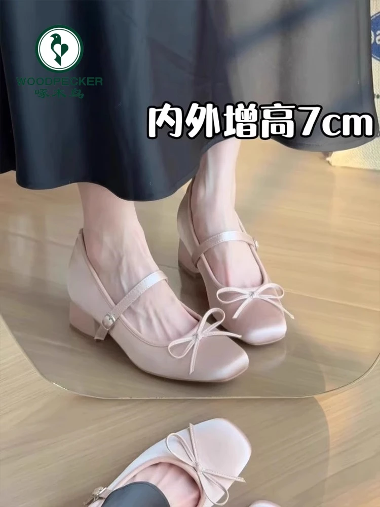 啄木鸟内增高7CM缎面蝴蝶结高跟玛丽珍鞋女新款粗跟芭蕾舞单鞋女