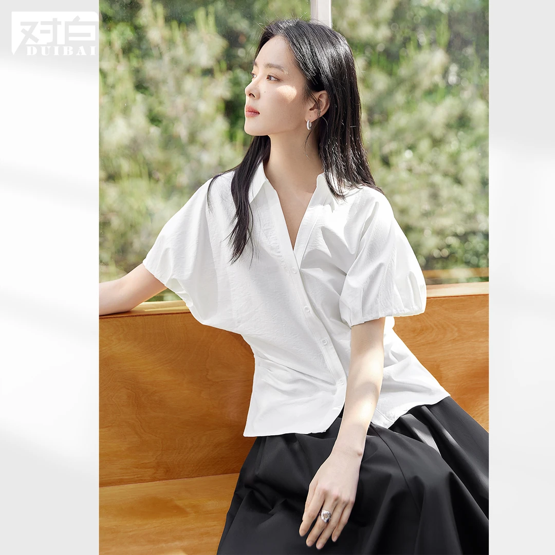【女装优选WL】对白收腰衬衫女2025夏季法式V领泡泡袖衬衣FDC151