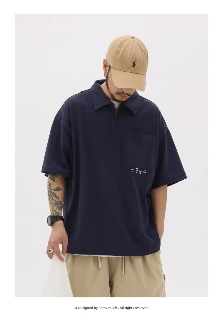 蓝色polo夏季复古刺绣口袋翻领男女短袖情侣休闲半袖潮no退no换