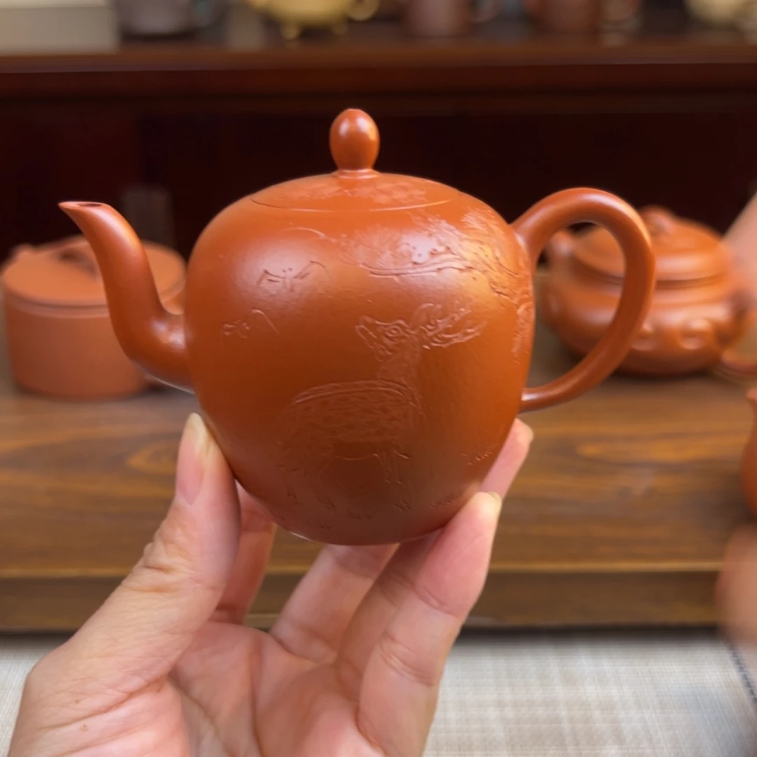 一***休茶壶紫砂朱泥美人肩全手150cc