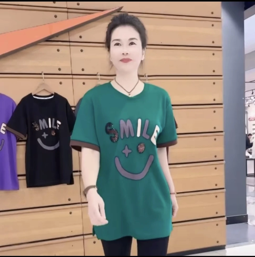 新款中长款笑脸短袖T恤宽松圆领印花显瘦休闲百搭上衣