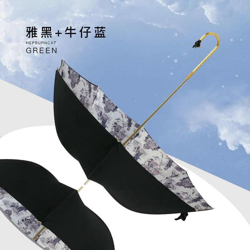 Hepburn Cat 赫本猫直柄朱伊纹款小弯钩珐琅彩猫头晴雨两用伞