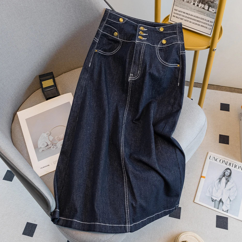 0640夏季新款欧货丹宁蓝牛仔半身裙中长款复古百搭显瘦开叉a字裙