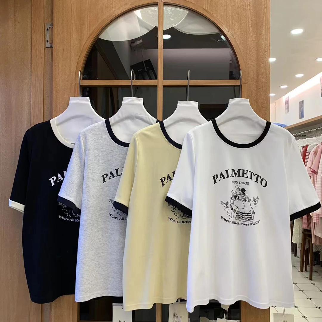 娜样美家 精选拼接领高弹h.h家卡通车车宽松正肩T恤1981