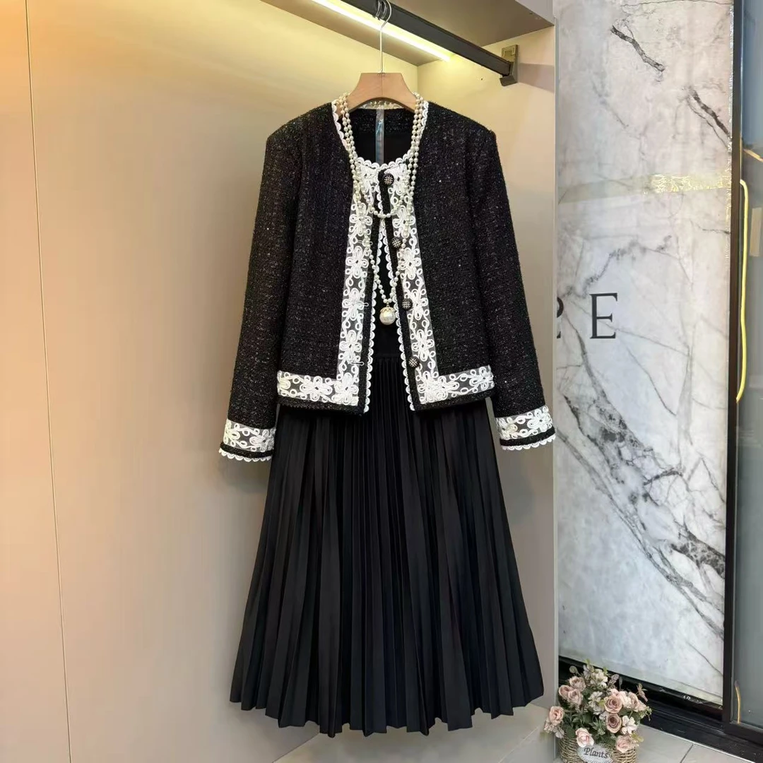 2025早秋高级法式蕾丝设计感气质显瘦胖m外套+百褶连衣裙套装1810