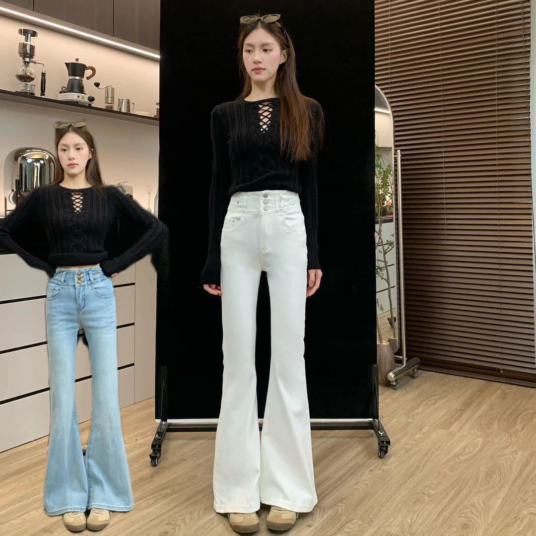 肚子6326春款四季牛仔裤女新款高腰浅蓝色弹力微喇裤显瘦喇叭裤