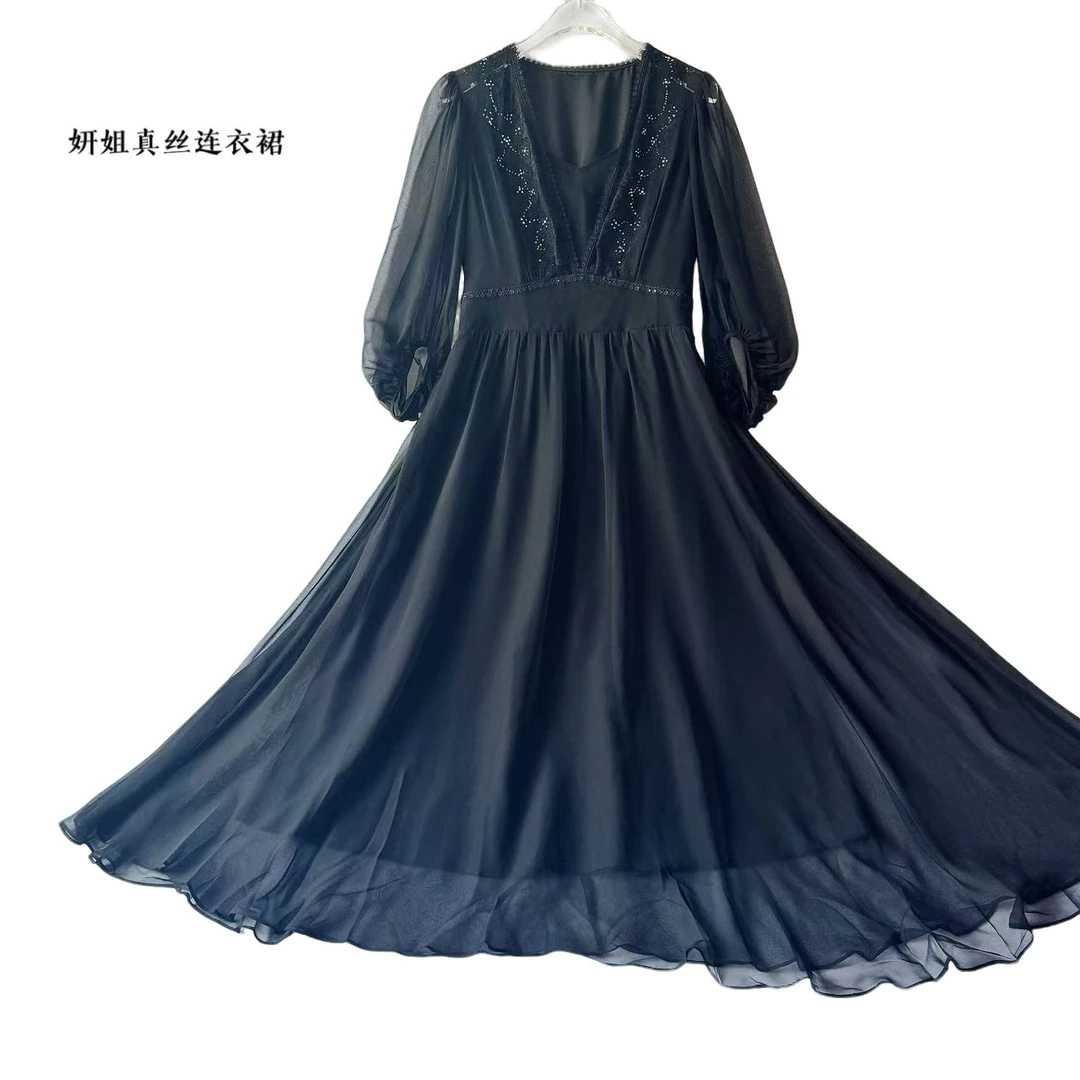 2025妍姐真丝夏新款高端气质轻奢真丝连衣裙黑色 25s-8063