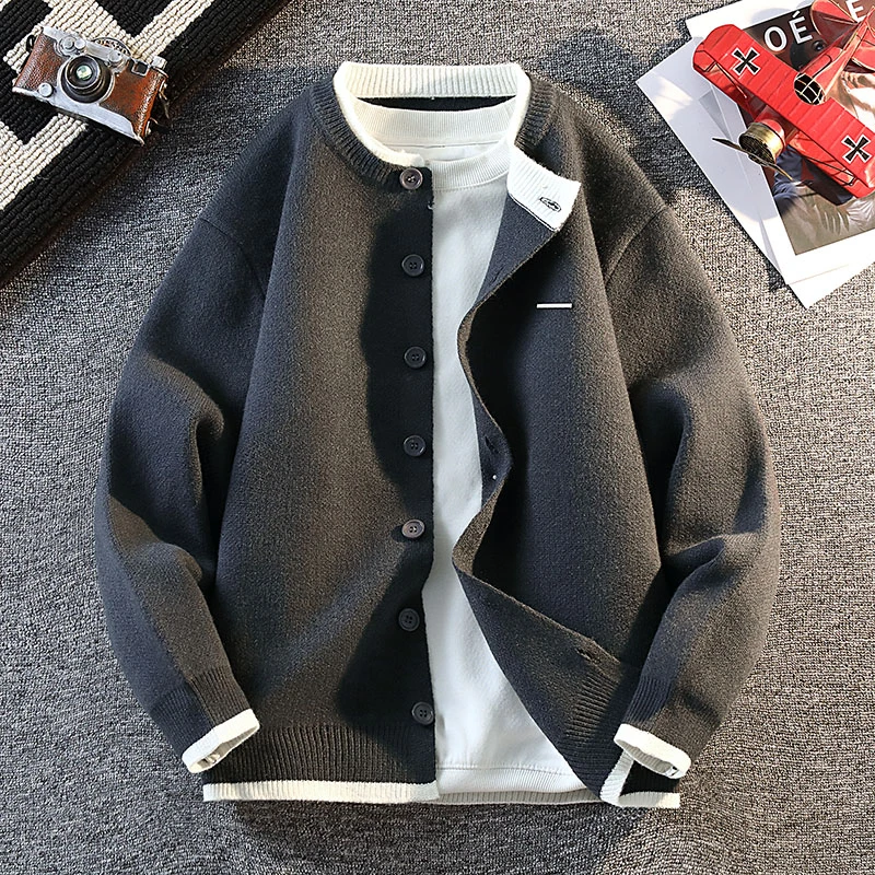 高档拼接圆领假两件针织开衫外套男士秋冬时尚潮流毛衣男装25862