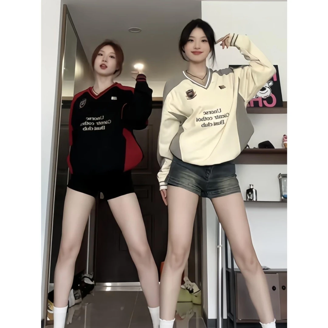 韩系长袖休闲外套新款打底衫2025刺绣美式卫衣女ins高街v领上衣