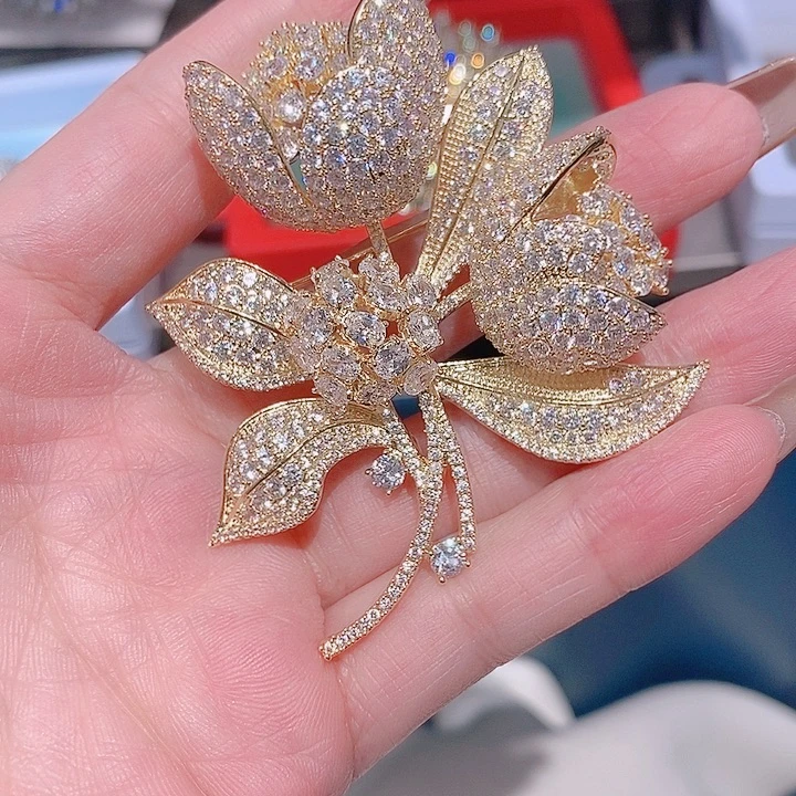 锆石铜合金高端玫瑰花胸针 金色
